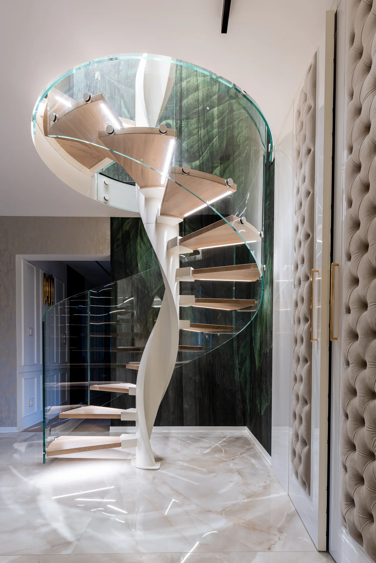 Spiral staircase with timber and curved glass — view 02