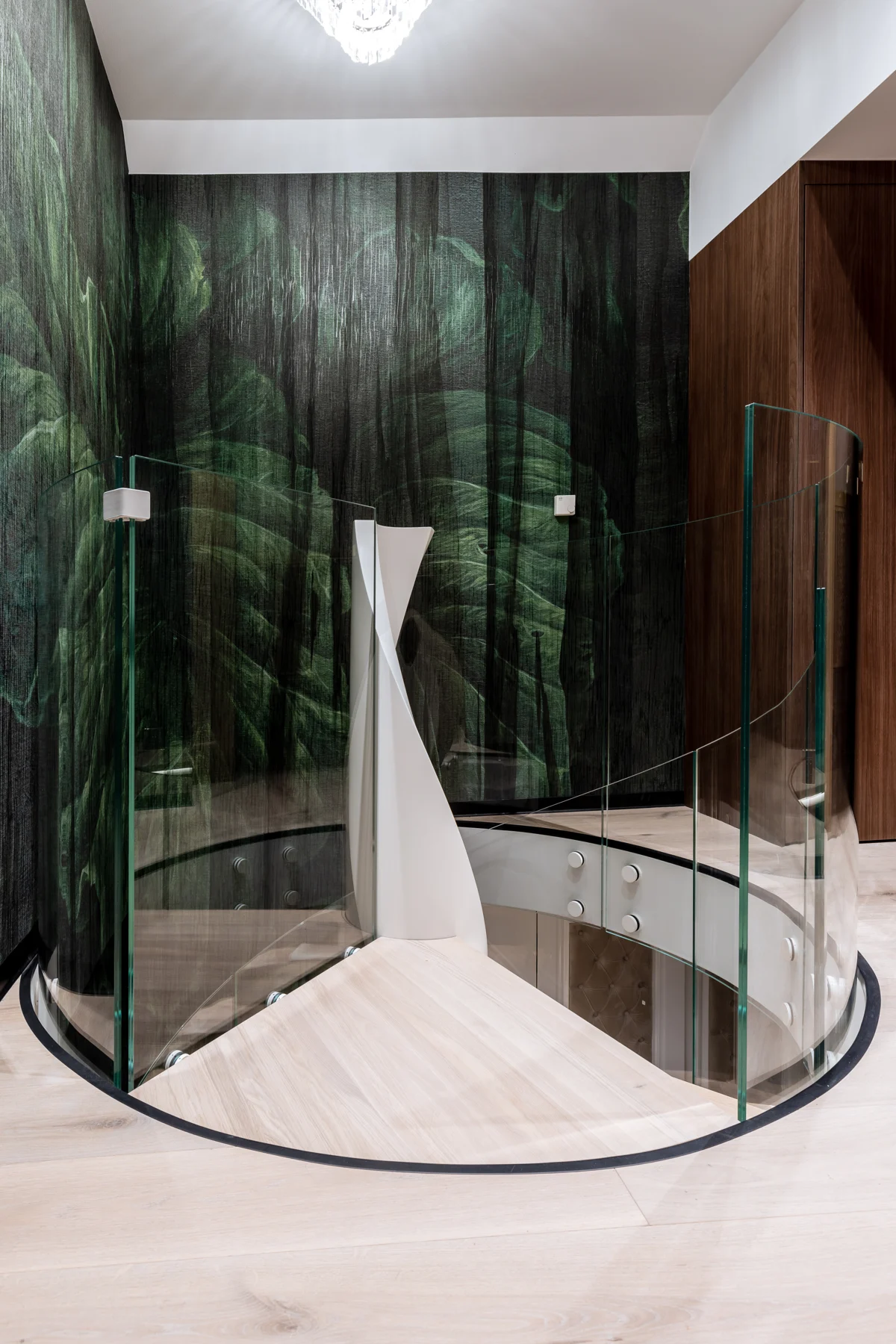 Spiral staircase with timber and curved glass — view 04