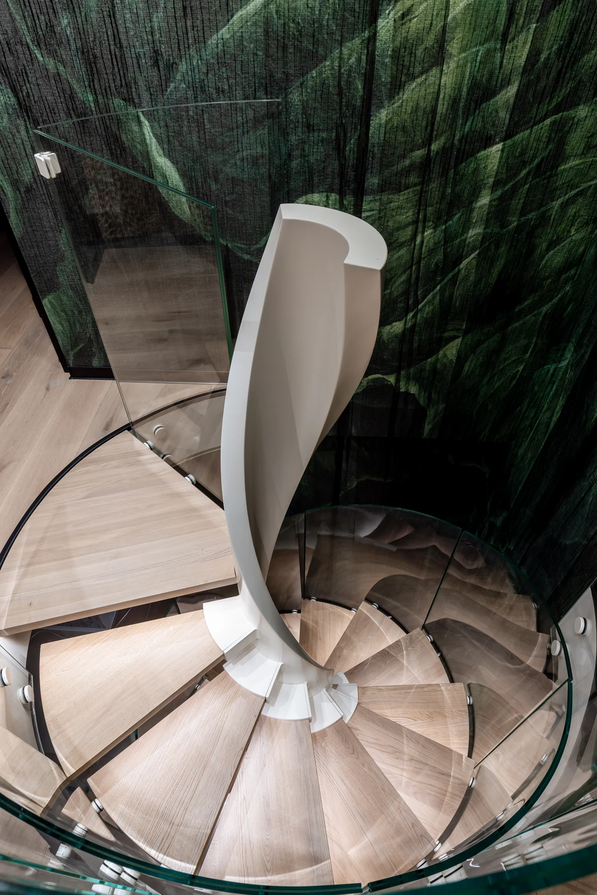 Spiral staircase with timber and curved glass — view 05