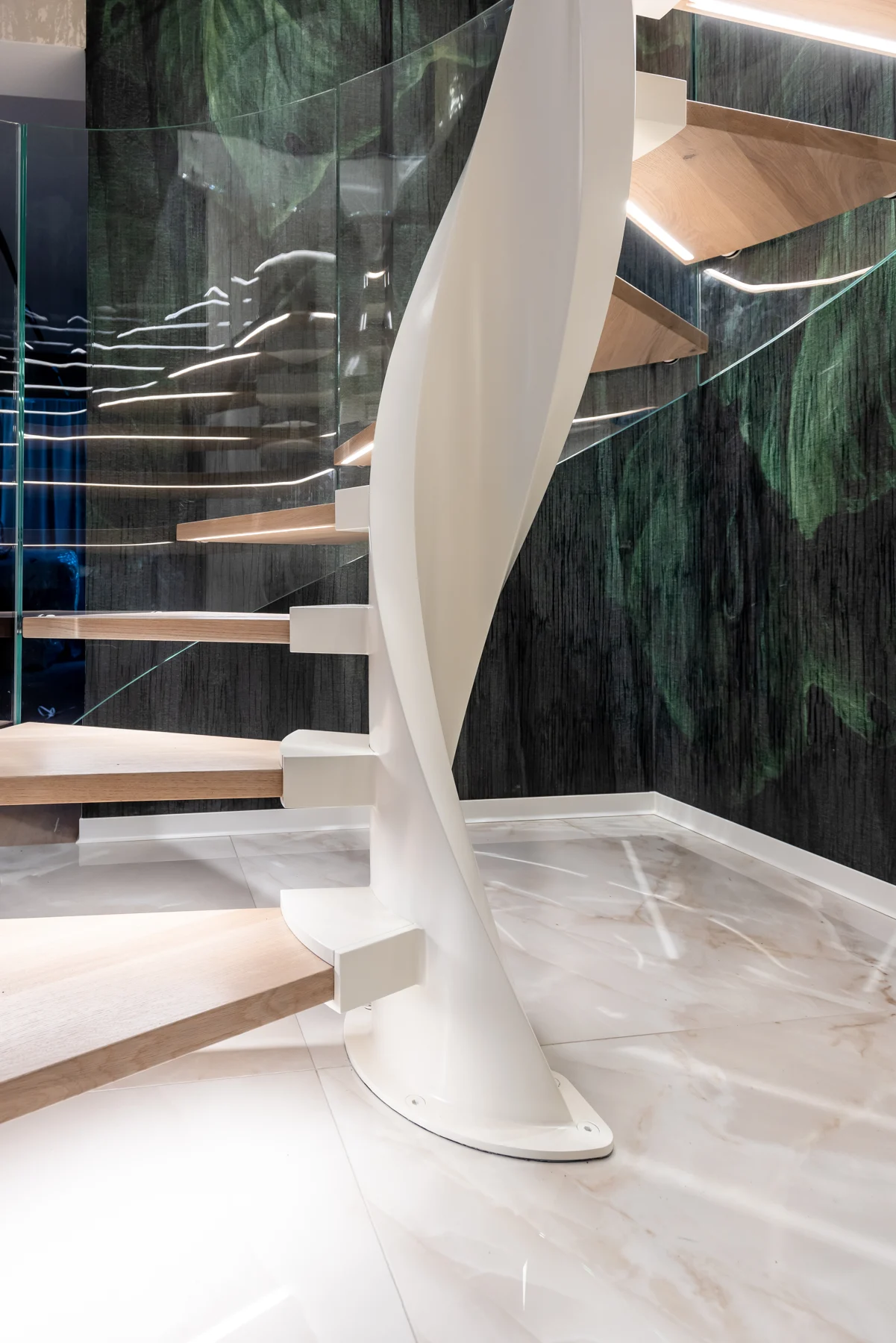 Spiral staircase with timber and curved glass — view 09