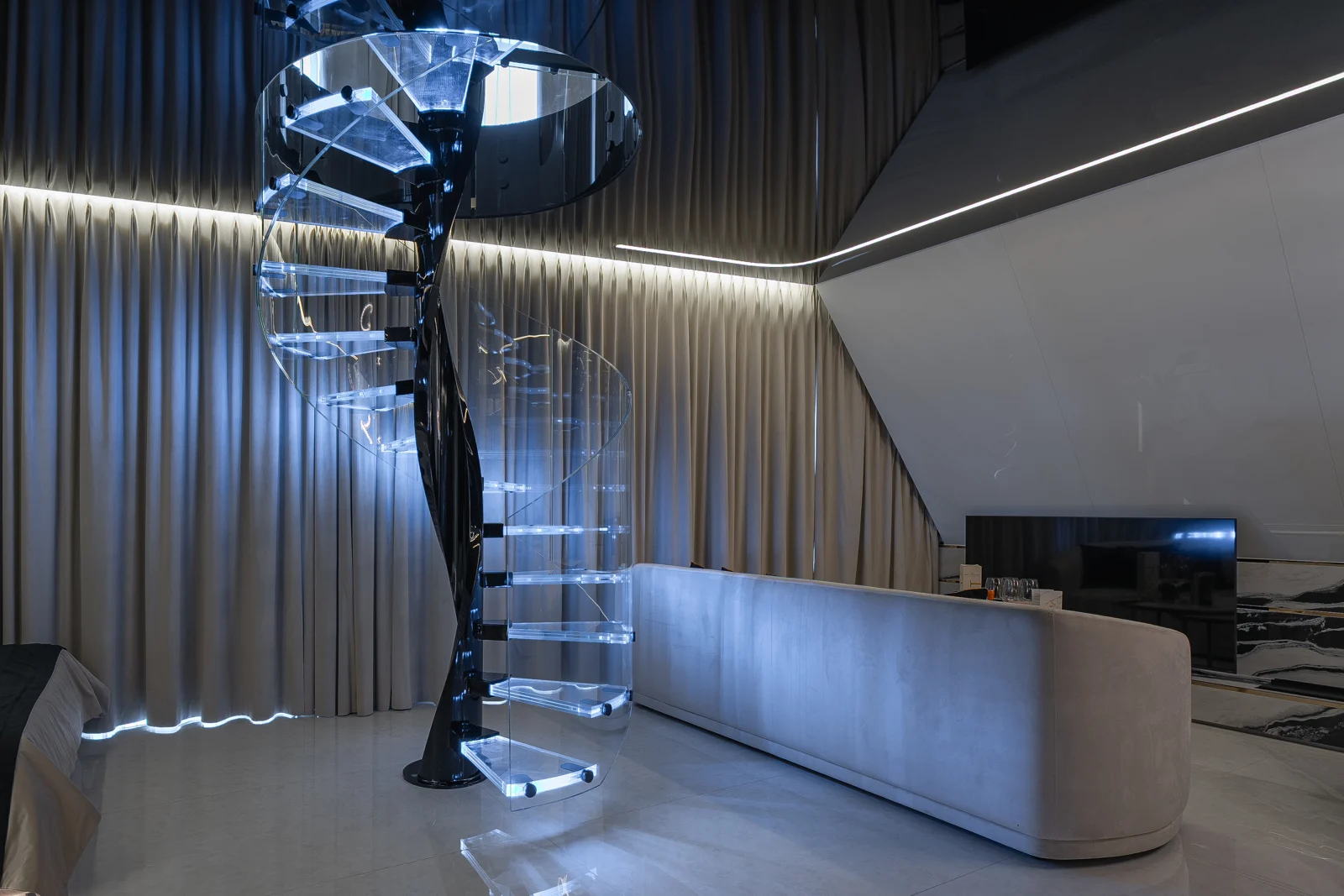 Illuminated spiral staircase — view 01