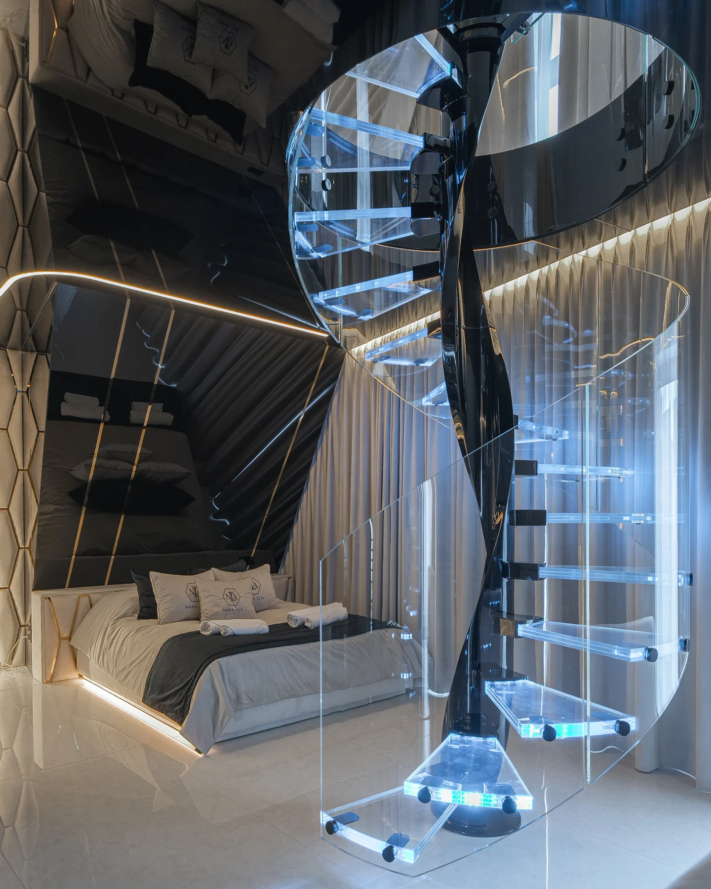 Illuminated spiral staircase — view 02